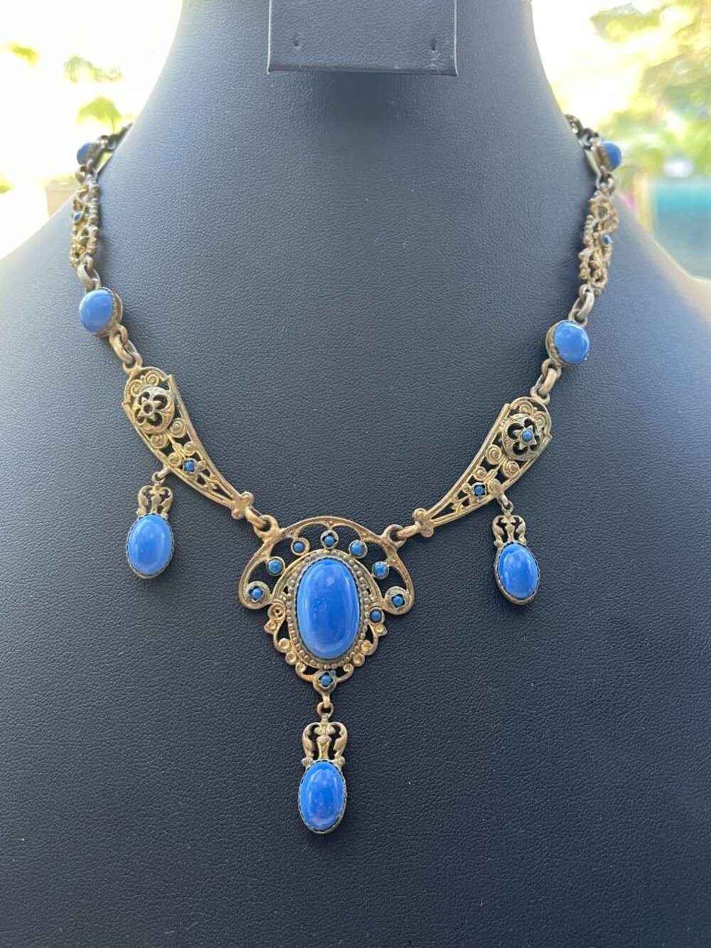 Vtg Art Nouveau Blue Glass Stone Gold Tone Necklace Signed Made in France - Picture 8 of 16